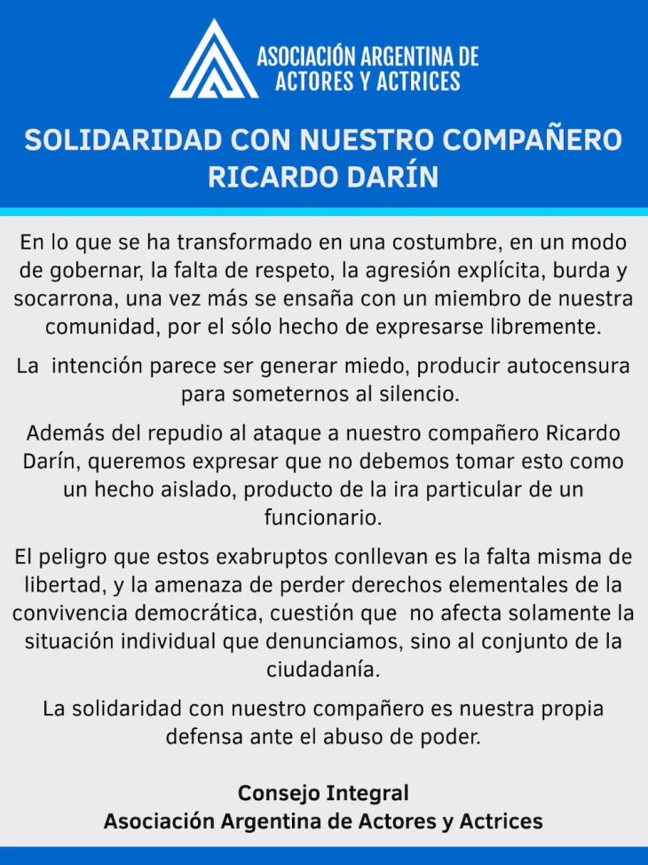 La Asociación de Actores defendió a Darín tras su cruce con Caputo por las empanadas