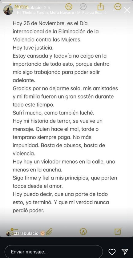 Clara Bulacio y su descargo en redes sociales tras conocer la condena de su victimario Diego García.