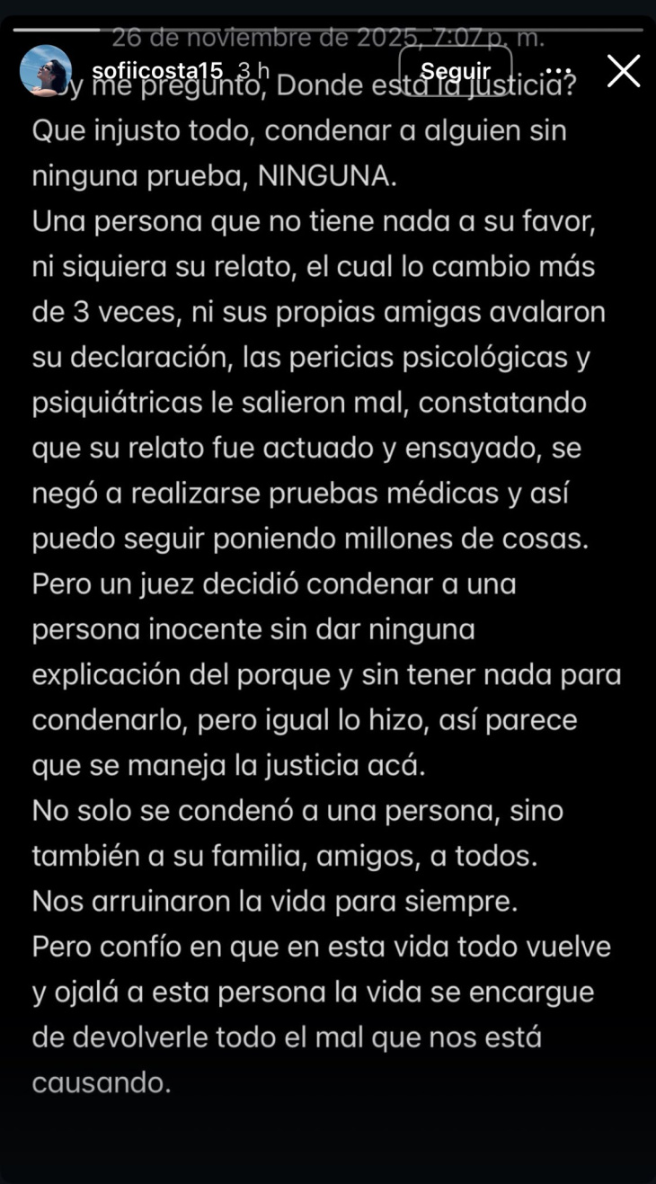 La palabra de Sofía Costa, pareja de Diego García mediante sus historias de Instagram.