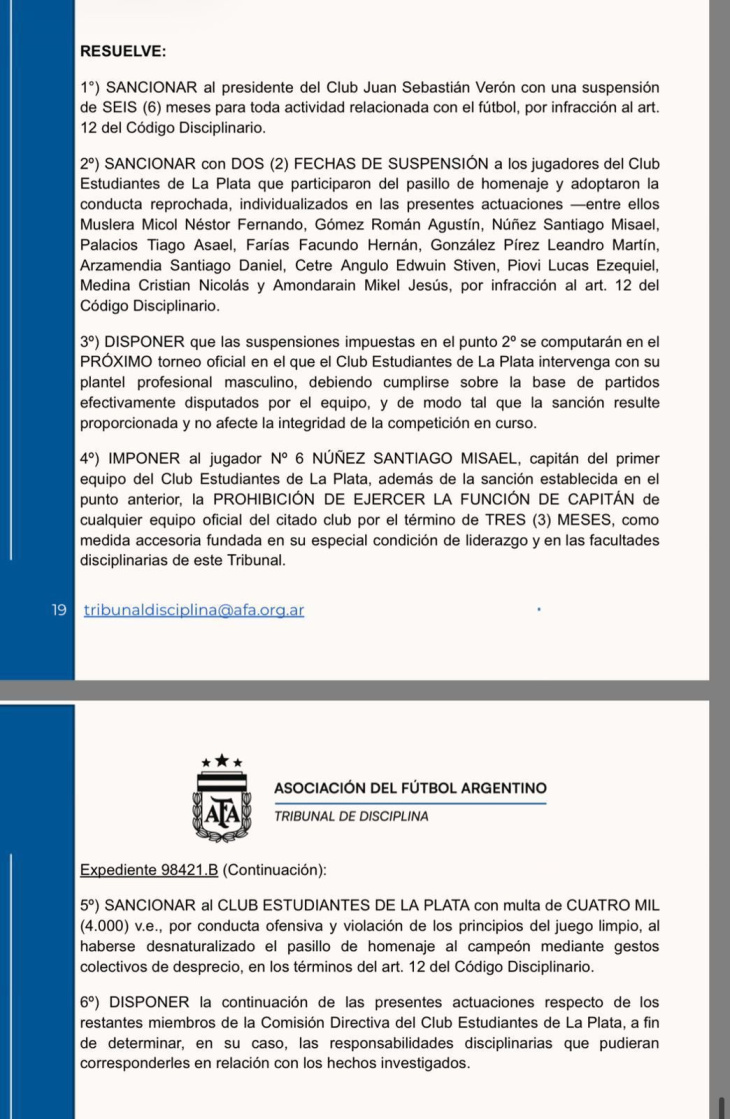 El expediente que detalla la sanción a Estudiantes y Juan Sebastián Verón.